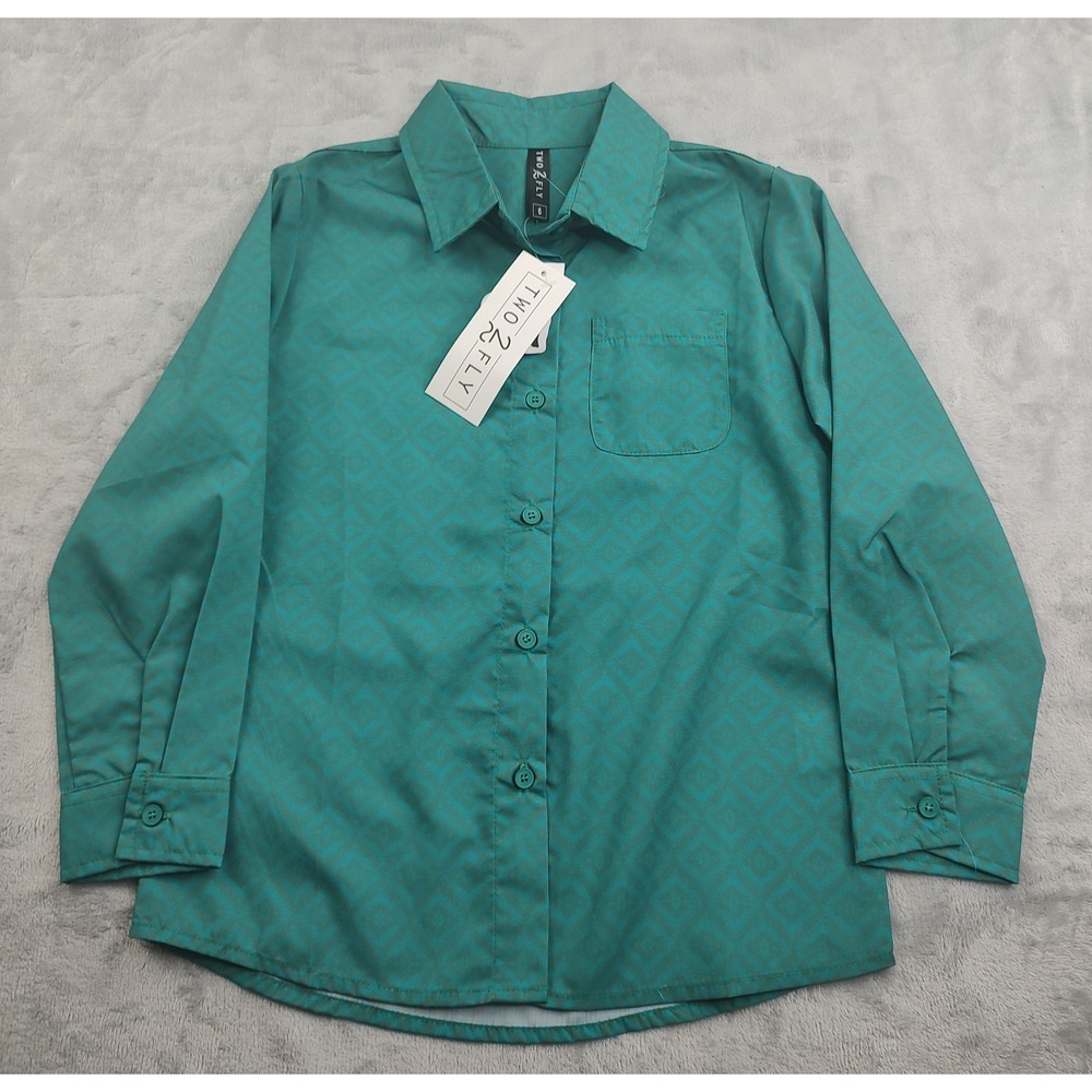 TWO 2 FLY Girls Geometric Print Button Down Shirt‎ Teal Size 6 Kids